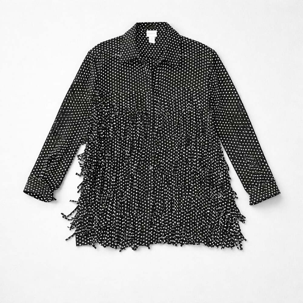 Chico's Size 2 Black and White Polka Dot Fringe Button Down Shirt